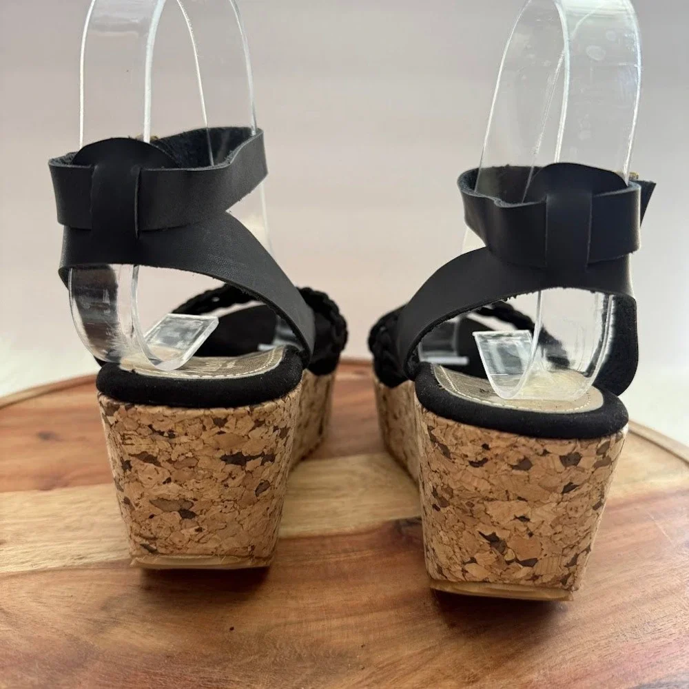 Alicia Leon Black Braided Platform Wedge Size 6 Sandals Cork Heel LIGHT WEIGHT